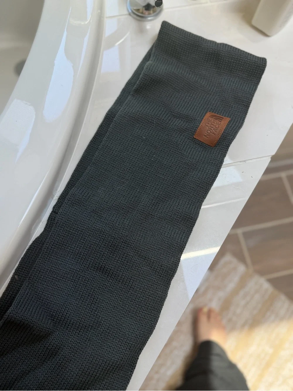 The North Face Black Knit Scarf with Leather Logo Patch - Dark Charcoal